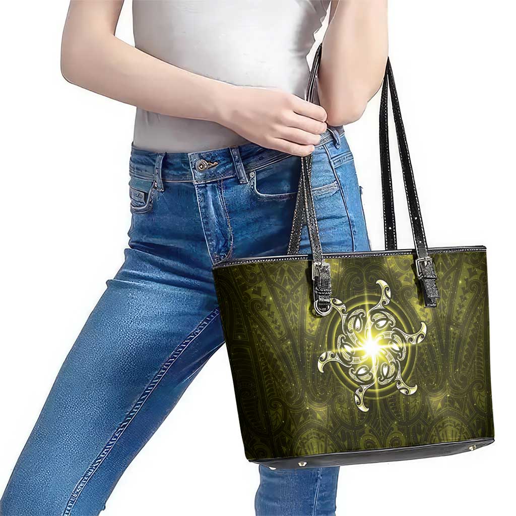 New Zealand Matariki Hiwaiterangi Leather Tote Bag Maori Moko Yellow Galaxy