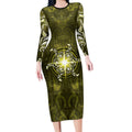 New Zealand Matariki Hiwaiterangi Long Sleeve Bodycon Dress Maori Moko Yellow Galaxy