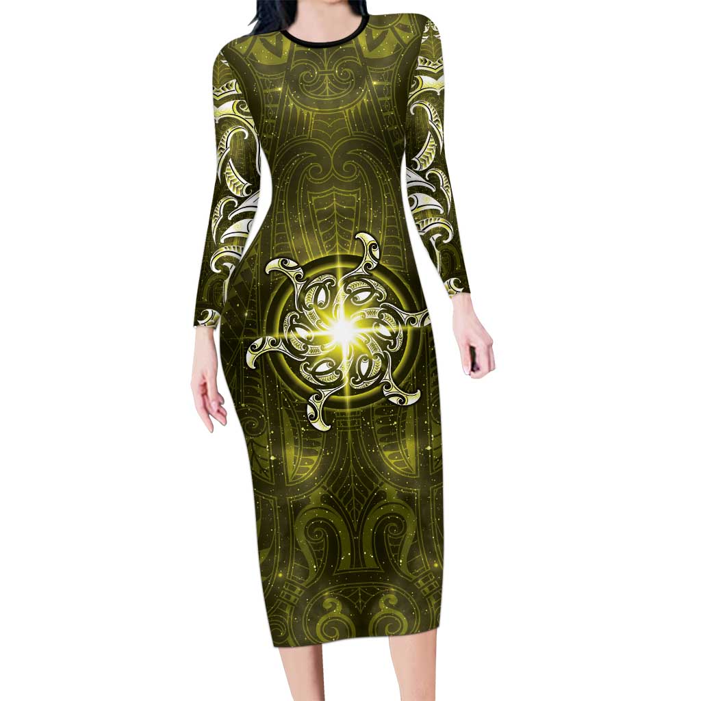 New Zealand Matariki Hiwaiterangi Long Sleeve Bodycon Dress Maori Moko Yellow Galaxy