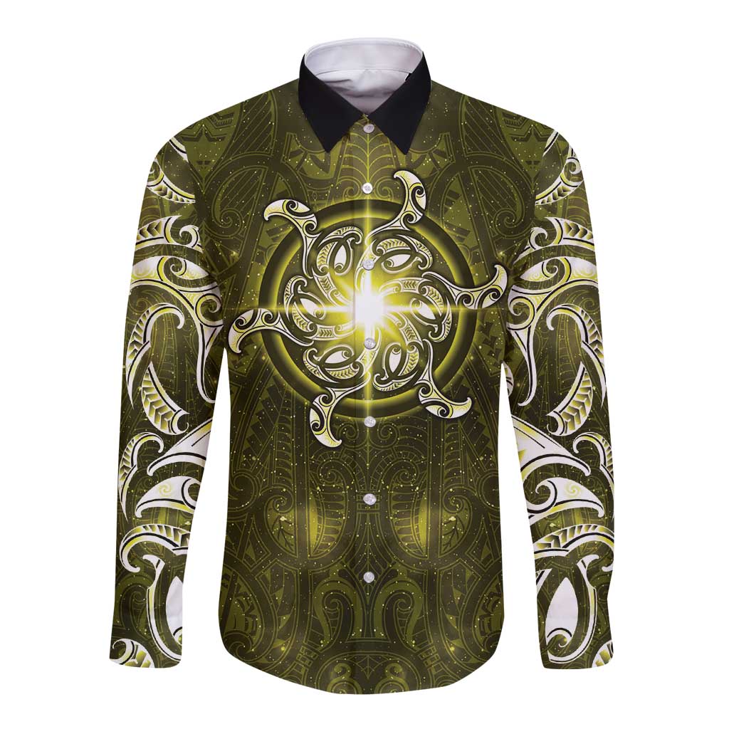 New Zealand Matariki Hiwaiterangi Long Sleeve Button Shirt Maori Moko Yellow Galaxy