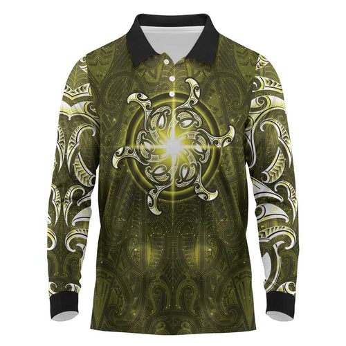 New Zealand Matariki Hiwaiterangi Long Sleeve Polo Shirt Maori Moko Yellow Galaxy