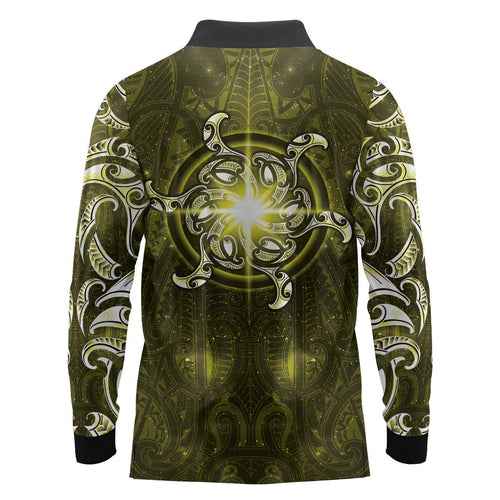 New Zealand Matariki Hiwaiterangi Long Sleeve Polo Shirt Maori Moko Yellow Galaxy