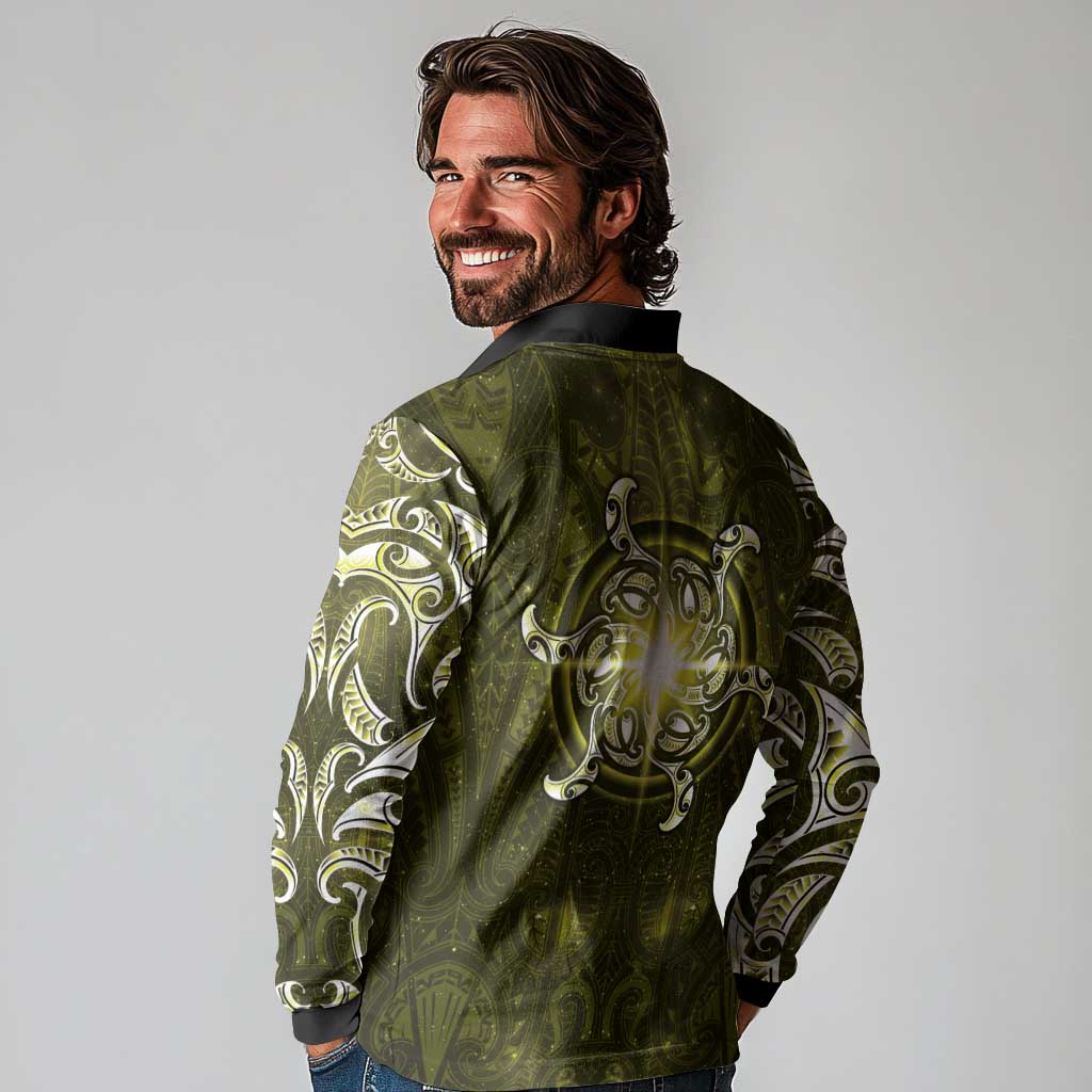 New Zealand Matariki Hiwaiterangi Long Sleeve Polo Shirt Maori Moko Yellow Galaxy