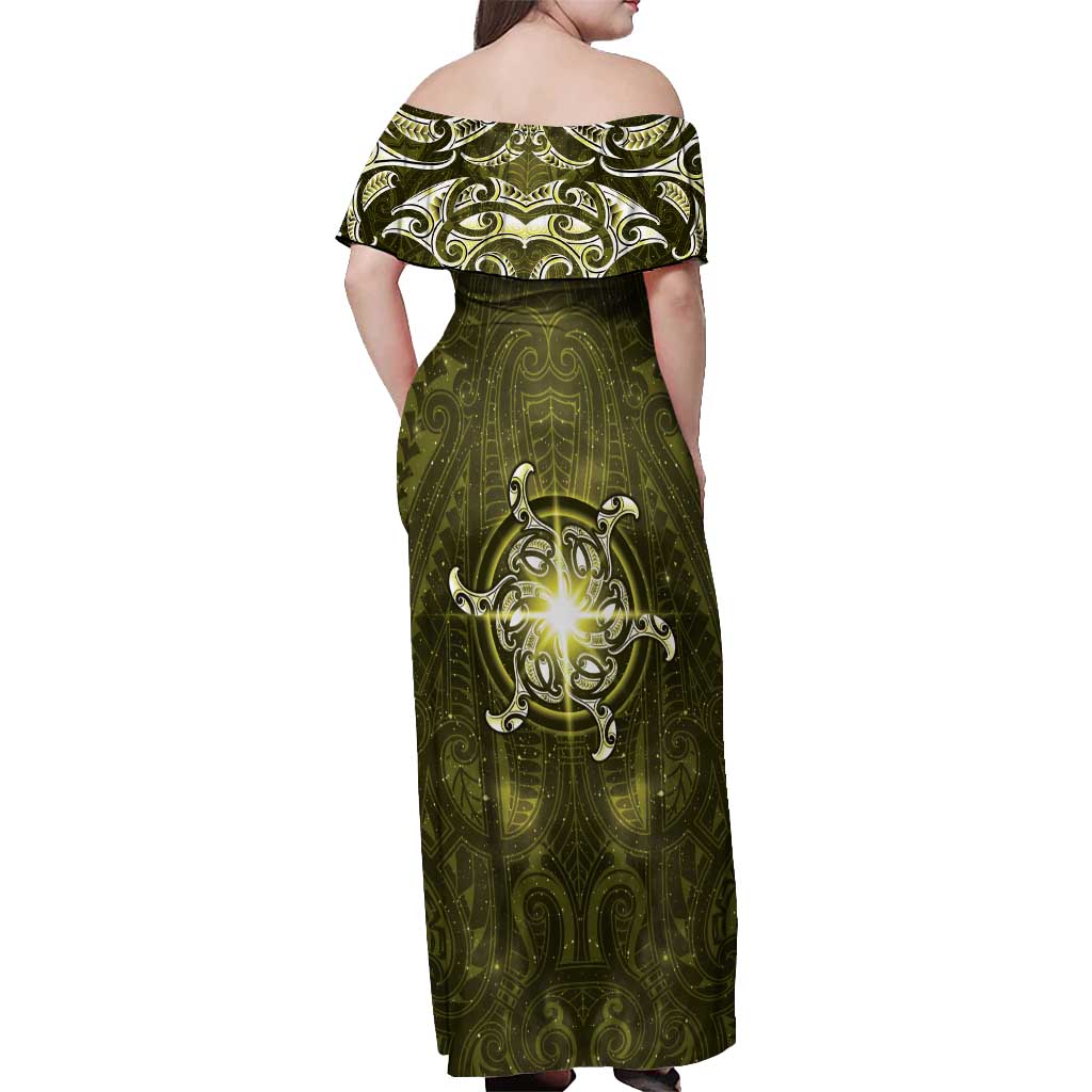 New Zealand Matariki Hiwaiterangi Off Shoulder Maxi Dress Maori Moko Yellow Galaxy