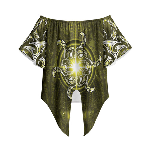 New Zealand Matariki Hiwaiterangi Off Shoulder Wrap Waist Top Maori Moko Yellow Galaxy