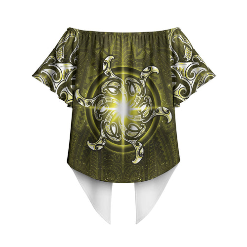 New Zealand Matariki Hiwaiterangi Off Shoulder Wrap Waist Top Maori Moko Yellow Galaxy