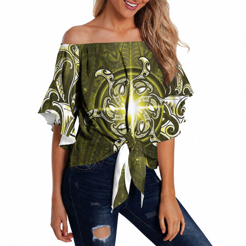 New Zealand Matariki Hiwaiterangi Off Shoulder Wrap Waist Top Maori Moko Yellow Galaxy