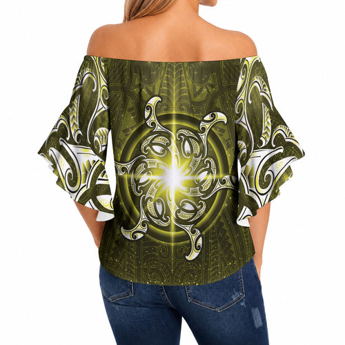 New Zealand Matariki Hiwaiterangi Off Shoulder Wrap Waist Top Maori Moko Yellow Galaxy