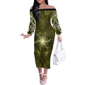 New Zealand Matariki Hiwaiterangi Off The Shoulder Long Sleeve Dress Maori Moko Yellow Galaxy