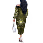 New Zealand Matariki Hiwaiterangi Off The Shoulder Long Sleeve Dress Maori Moko Yellow Galaxy