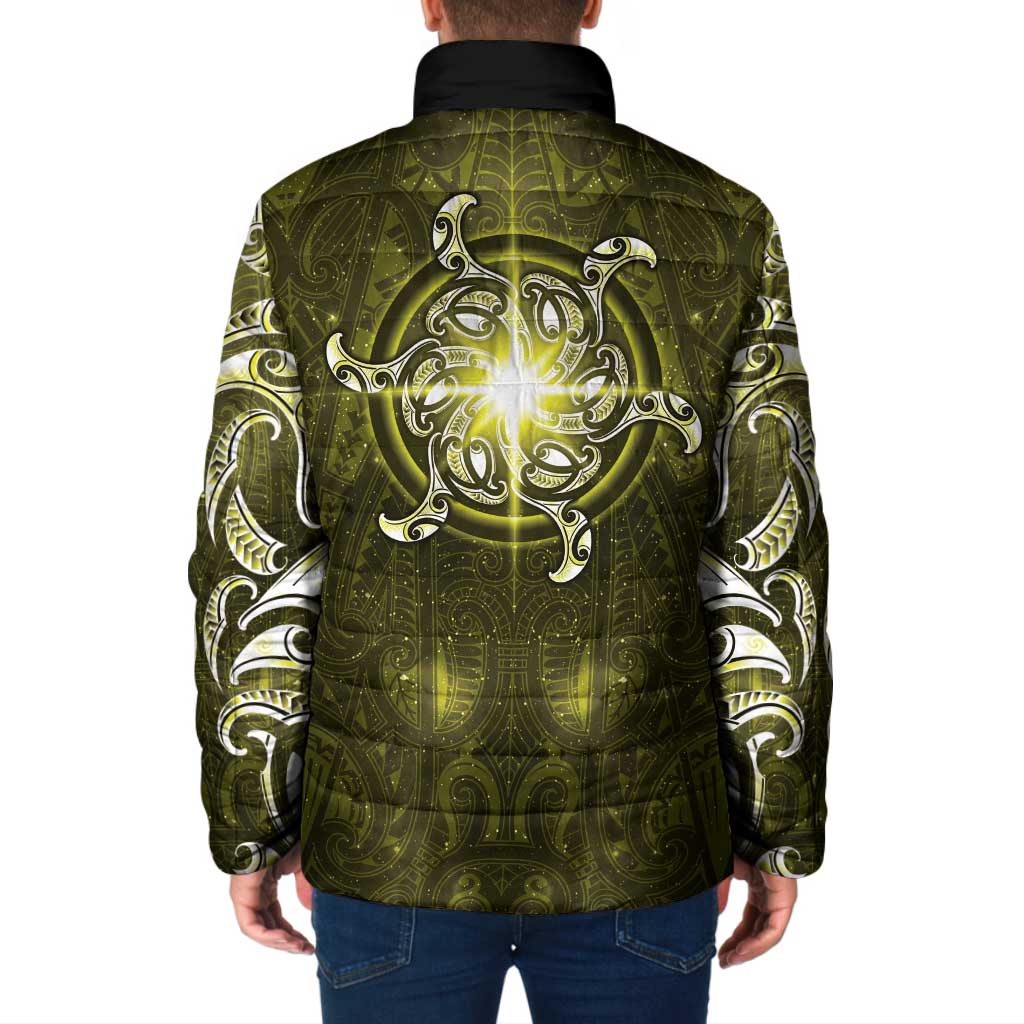 New Zealand Matariki Hiwaiterangi Padded Jacket Maori Moko Yellow Galaxy