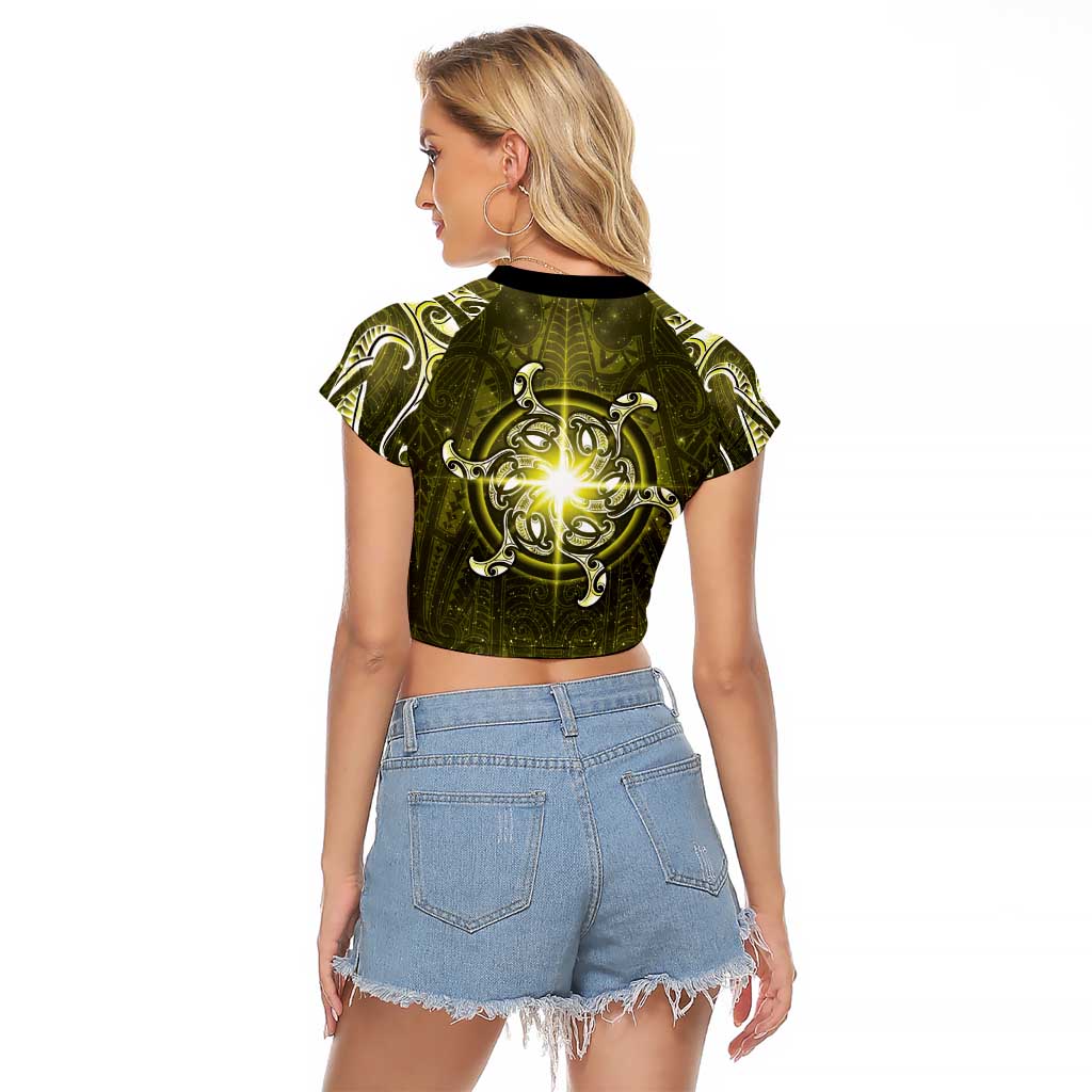 New Zealand Matariki Hiwaiterangi Raglan Cropped T Shirt Maori Moko Yellow Galaxy
