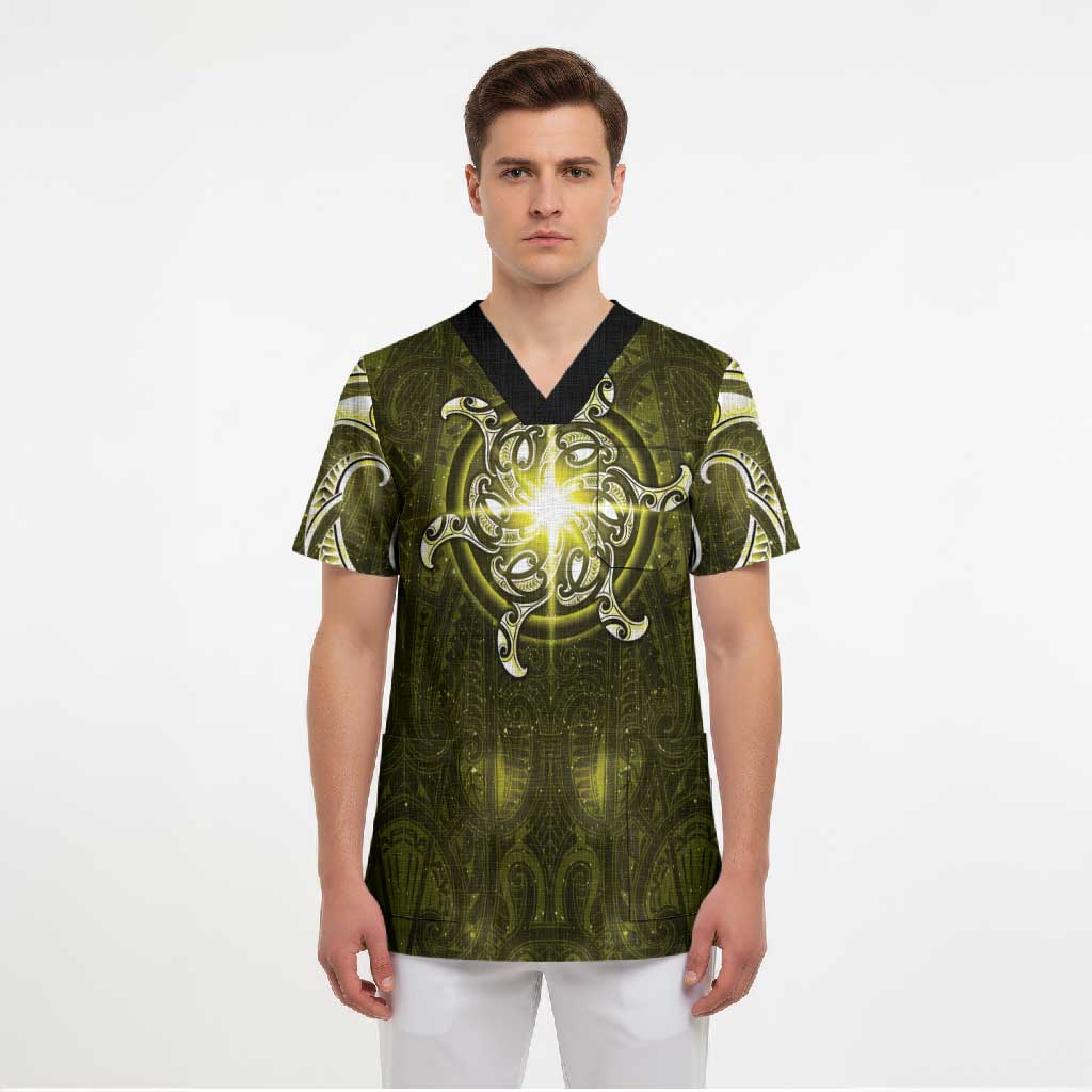New Zealand Matariki Hiwaiterangi Scrub Top Maori Moko Yellow Galaxy