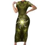 New Zealand Matariki Hiwaiterangi Short Sleeve Bodycon Dress Maori Moko Yellow Galaxy