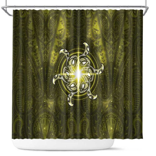 New Zealand Matariki Hiwaiterangi Shower Curtain Maori Moko Yellow Galaxy