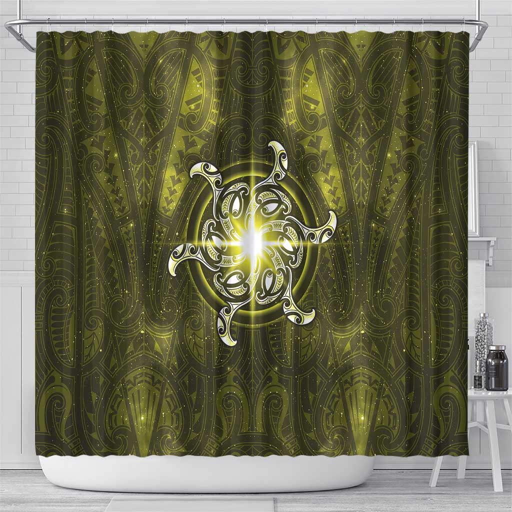 New Zealand Matariki Hiwaiterangi Shower Curtain Maori Moko Yellow Galaxy