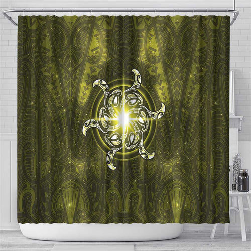 New Zealand Matariki Hiwaiterangi Shower Curtain Maori Moko Yellow Galaxy
