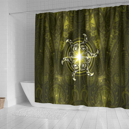 New Zealand Matariki Hiwaiterangi Shower Curtain Maori Moko Yellow Galaxy