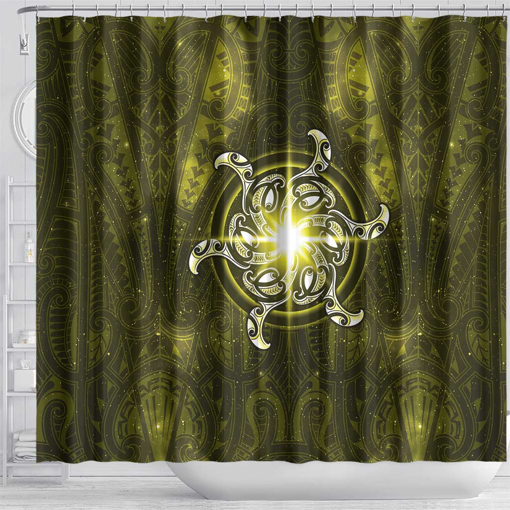 New Zealand Matariki Hiwaiterangi Shower Curtain Maori Moko Yellow Galaxy