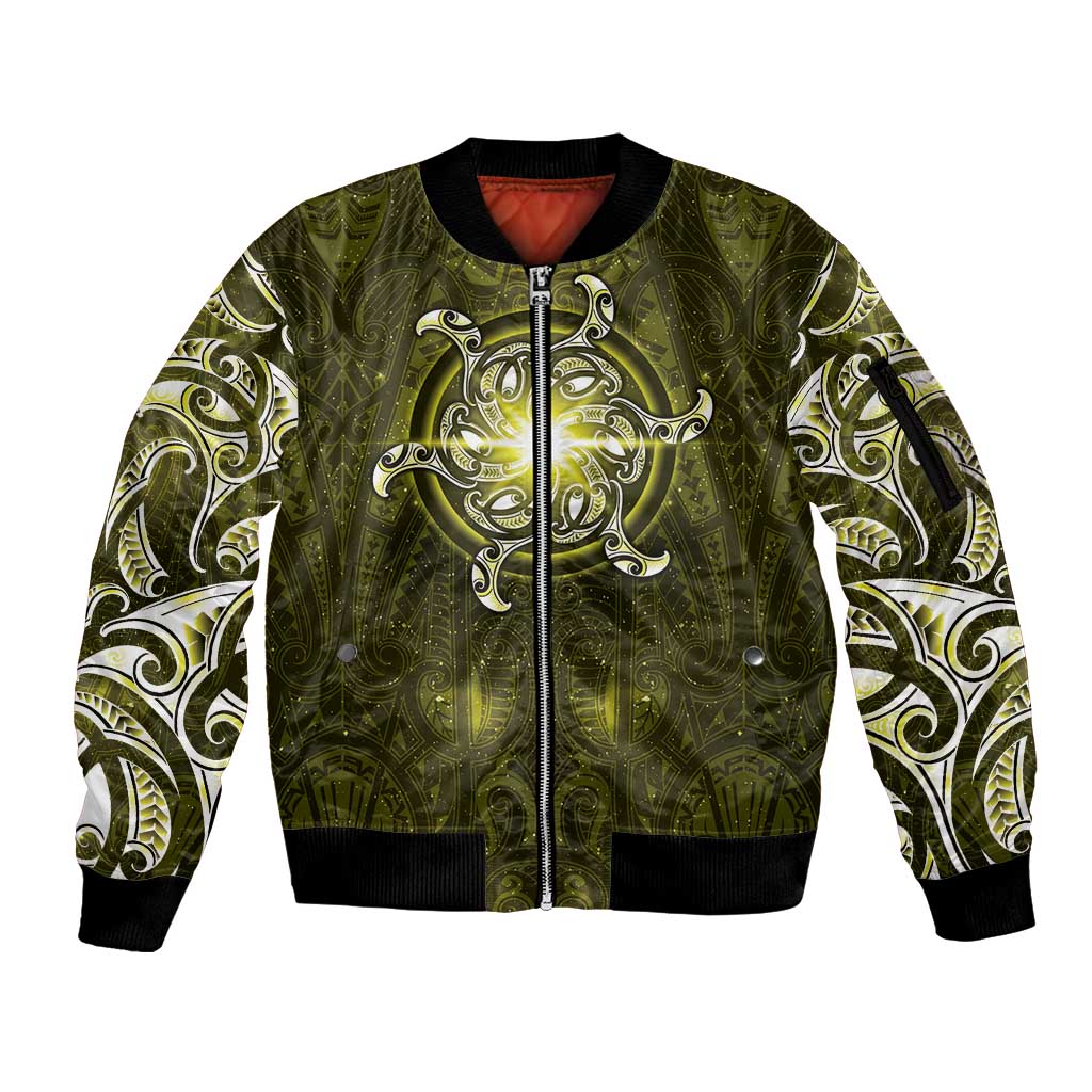 New Zealand Matariki Hiwaiterangi Sleeve Zip Bomber Jacket Maori Moko Yellow Galaxy