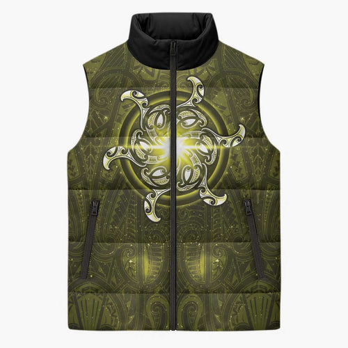 New Zealand Matariki Hiwaiterangi Sleeveless Puffer Jacket Maori Moko Yellow Galaxy