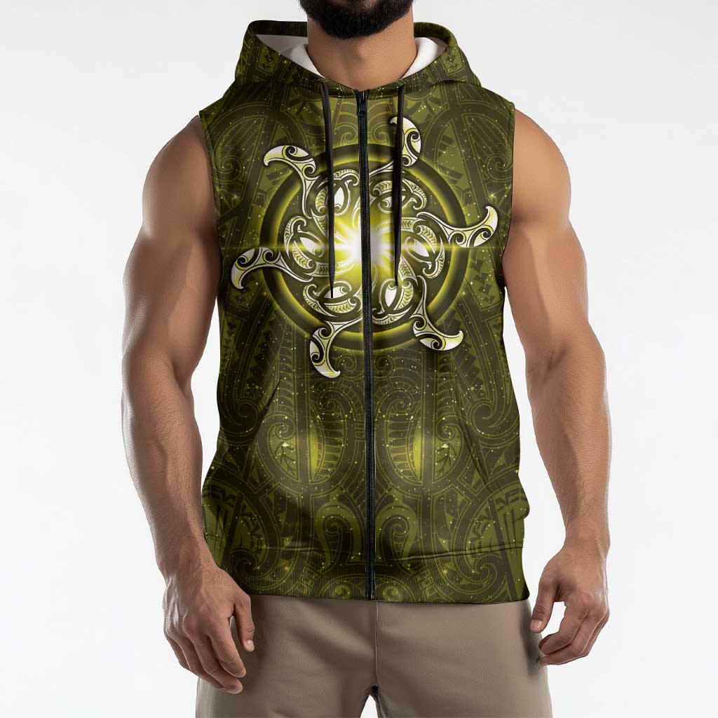 New Zealand Matariki Hiwaiterangi Sleeveless Zip Hoodie Maori Moko Yellow Galaxy