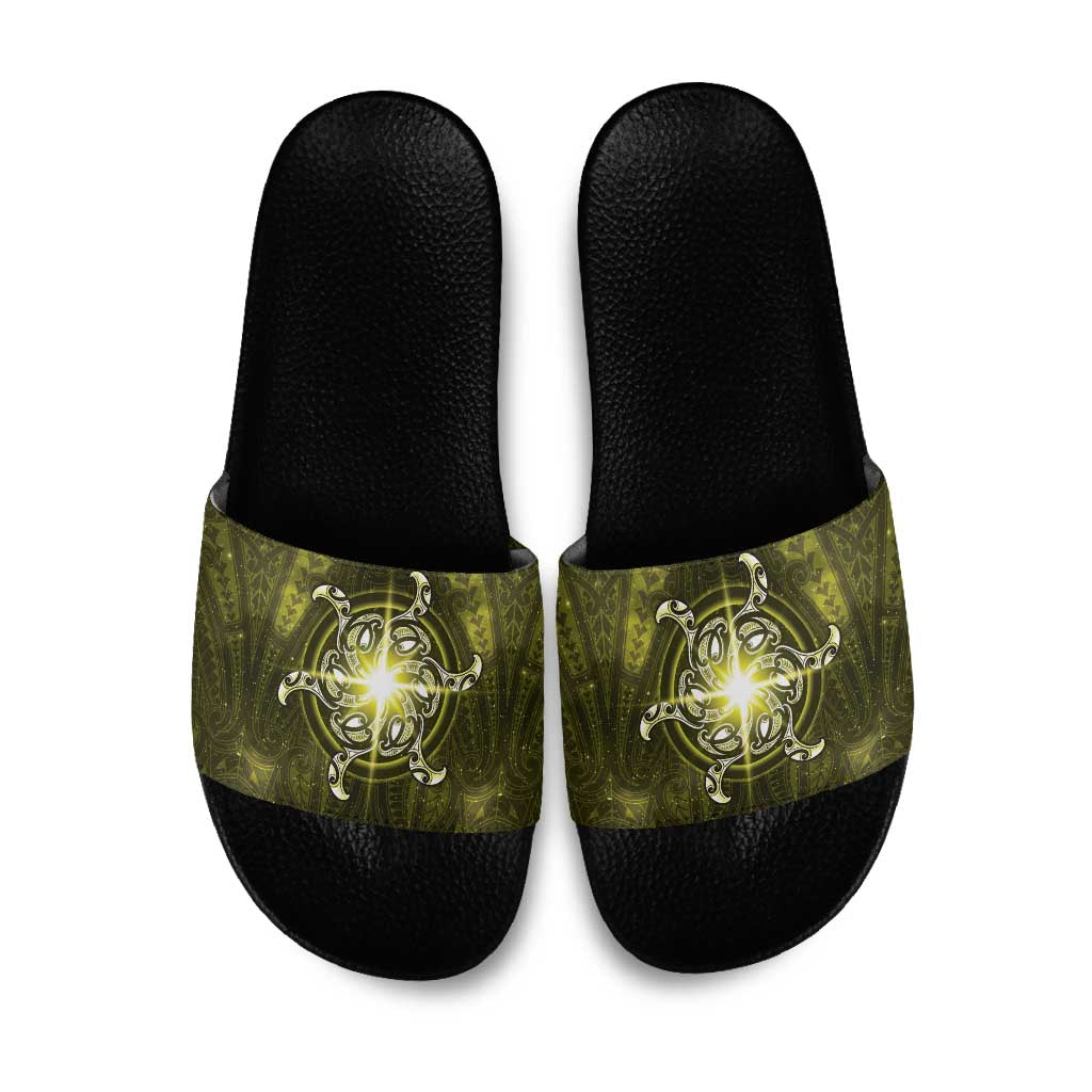 New Zealand Matariki Hiwaiterangi Slide Sandals Maori Moko Yellow Galaxy
