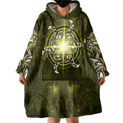 New Zealand Matariki Hiwaiterangi Wearable Blanket Hoodie Maori Moko Yellow Galaxy