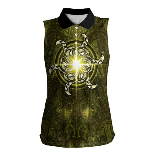 New Zealand Matariki Hiwaiterangi Women Sleeveless Polo Shirt Maori Moko Yellow Galaxy
