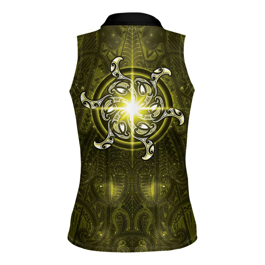 New Zealand Matariki Hiwaiterangi Women Sleeveless Polo Shirt Maori Moko Yellow Galaxy
