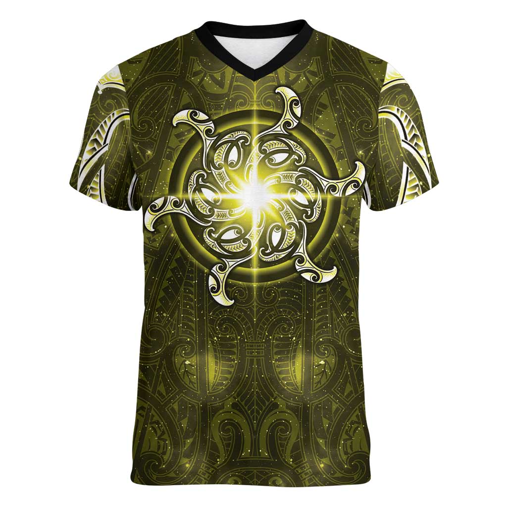 New Zealand Matariki Hiwaiterangi Women V-Neck T-Shirt Maori Moko Yellow Galaxy