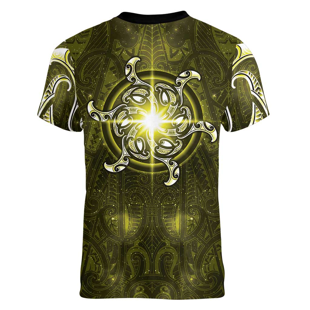 New Zealand Matariki Hiwaiterangi Women V-Neck T-Shirt Maori Moko Yellow Galaxy