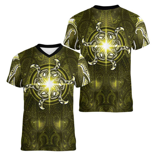 New Zealand Matariki Hiwaiterangi Women V-Neck T-Shirt Maori Moko Yellow Galaxy
