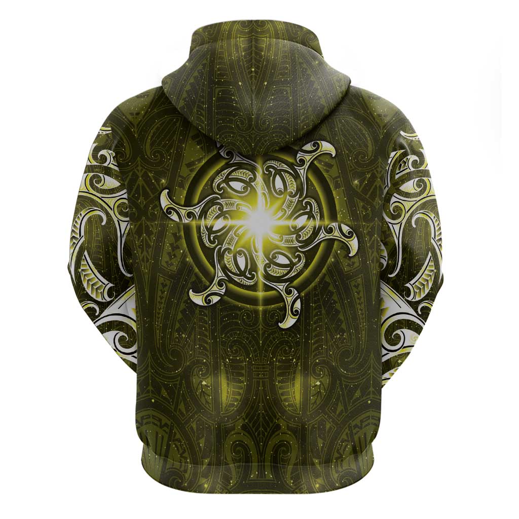 New Zealand Matariki Hiwaiterangi Zip Hoodie Maori Moko Yellow Galaxy