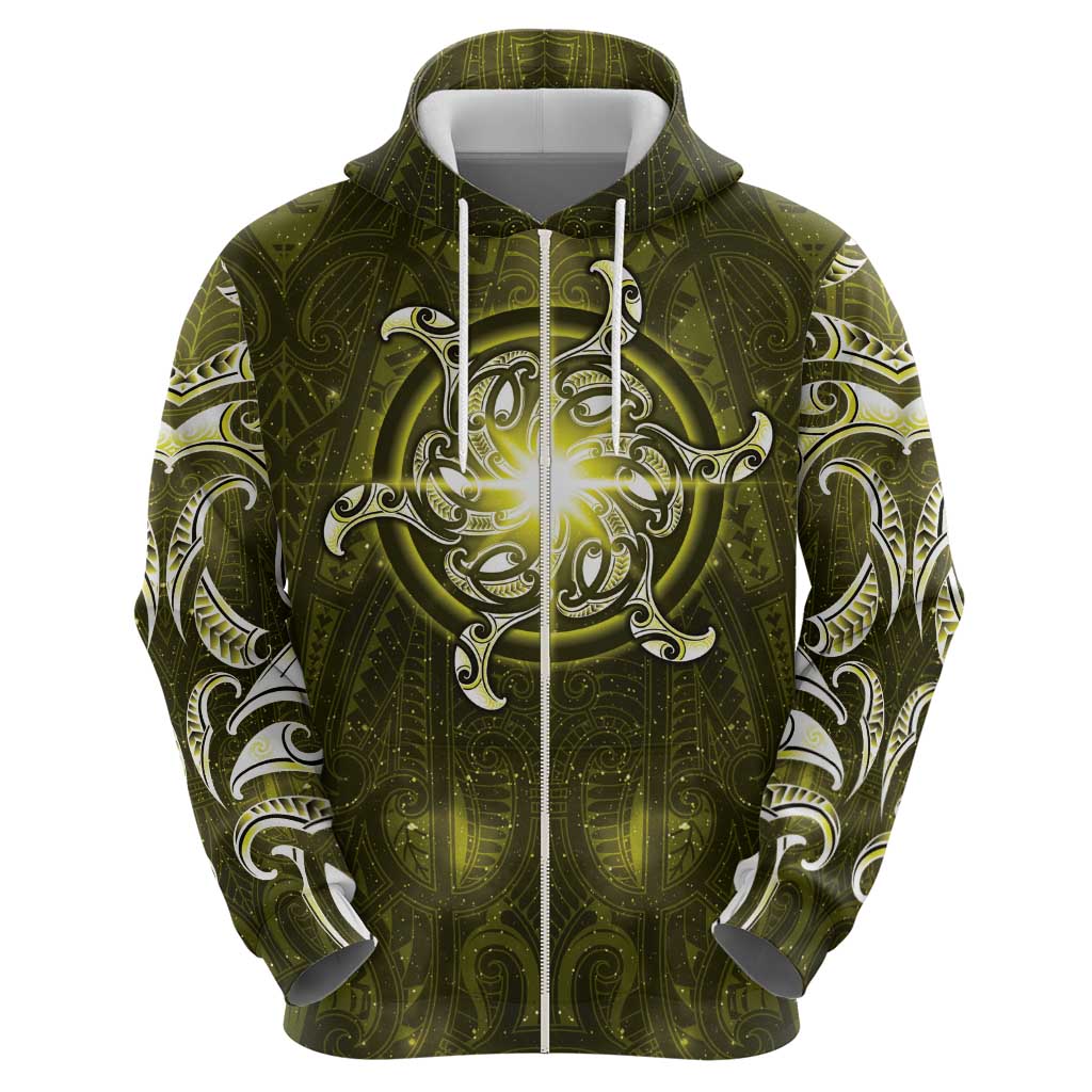New Zealand Matariki Hiwaiterangi Zip Hoodie Maori Moko Yellow Galaxy
