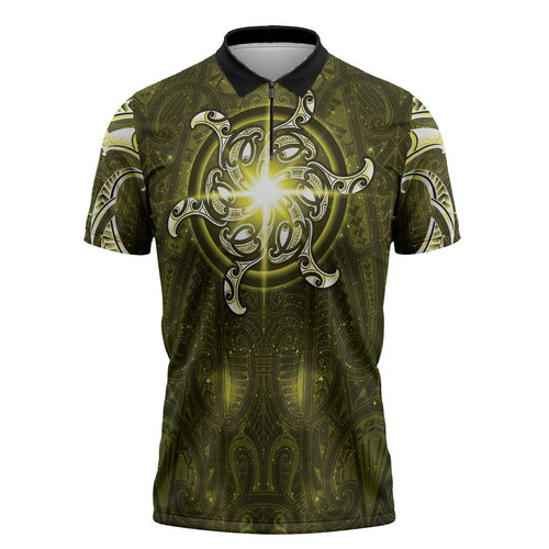 New Zealand Matariki Hiwaiterangi Zipper Polo Shirt Maori Moko Yellow Galaxy