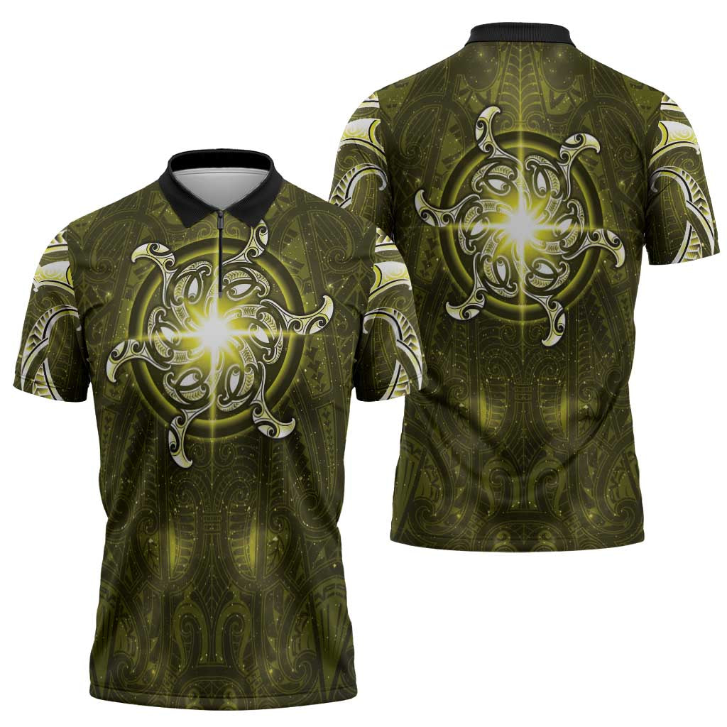 New Zealand Matariki Hiwaiterangi Zipper Polo Shirt Maori Moko Yellow Galaxy