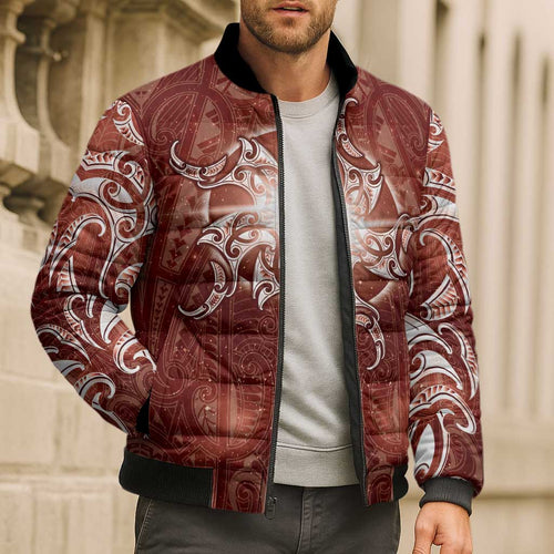 New Zealand Matariki Pohutukawa Bomber Puffer Jacket Maori Moko Red Galaxy