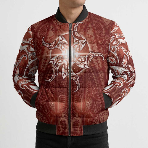 New Zealand Matariki Pohutukawa Bomber Puffer Jacket Maori Moko Red Galaxy