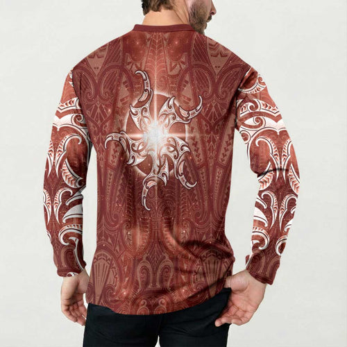 New Zealand Matariki Pohutukawa Button Sweatshirt Maori Moko Red Galaxy