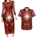 New Zealand Matariki Pohutukawa Couples Matching Long Sleeve Bodycon Dress and Hawaiian Shirt Maori Moko Red Galaxy