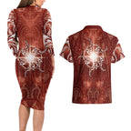 New Zealand Matariki Pohutukawa Couples Matching Long Sleeve Bodycon Dress and Hawaiian Shirt Maori Moko Red Galaxy