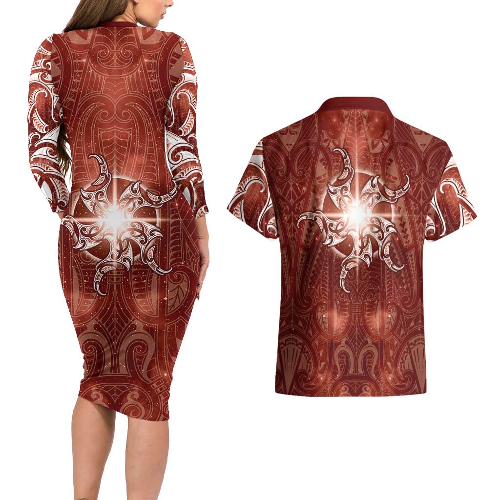 New Zealand Matariki Pohutukawa Couples Matching Long Sleeve Bodycon Dress and Hawaiian Shirt Maori Moko Red Galaxy