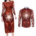 New Zealand Matariki Pohutukawa Couples Matching Long Sleeve Bodycon Dress and Long Sleeve Button Shirt Maori Moko Red Galaxy