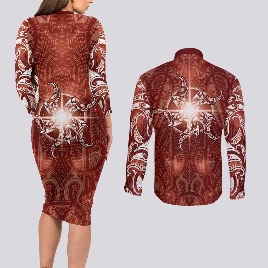 New Zealand Matariki Pohutukawa Couples Matching Long Sleeve Bodycon Dress and Long Sleeve Button Shirt Maori Moko Red Galaxy