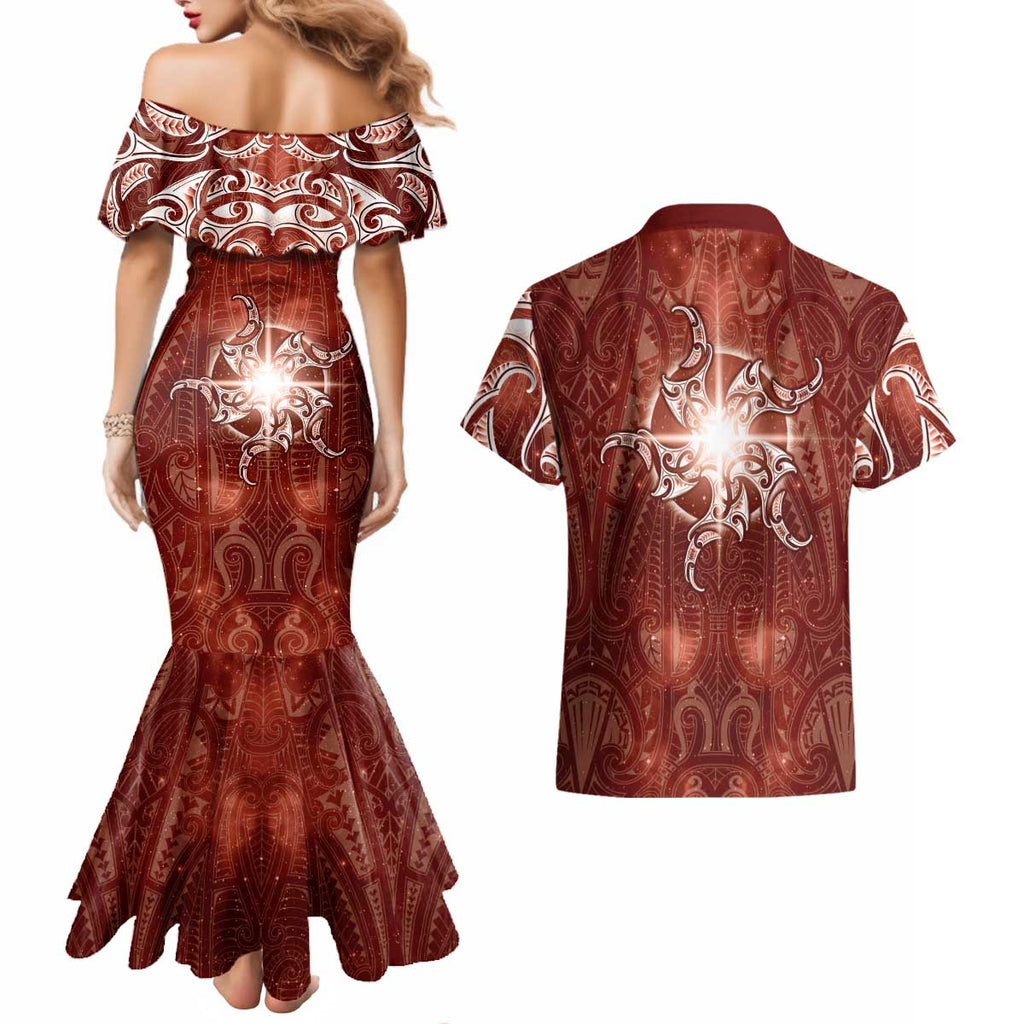 New Zealand Matariki Pohutukawa Couples Matching Mermaid Dress and Hawaiian Shirt Maori Moko Red Galaxy