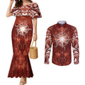 New Zealand Matariki Pohutukawa Couples Matching Mermaid Dress and Long Sleeve Button Shirt Maori Moko Red Galaxy