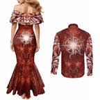 New Zealand Matariki Pohutukawa Couples Matching Mermaid Dress and Long Sleeve Button Shirt Maori Moko Red Galaxy