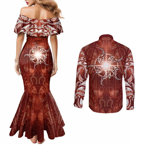 New Zealand Matariki Pohutukawa Couples Matching Mermaid Dress and Long Sleeve Button Shirt Maori Moko Red Galaxy