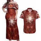 New Zealand Matariki Pohutukawa Couples Matching Off Shoulder Maxi Dress and Hawaiian Shirt Maori Moko Red Galaxy